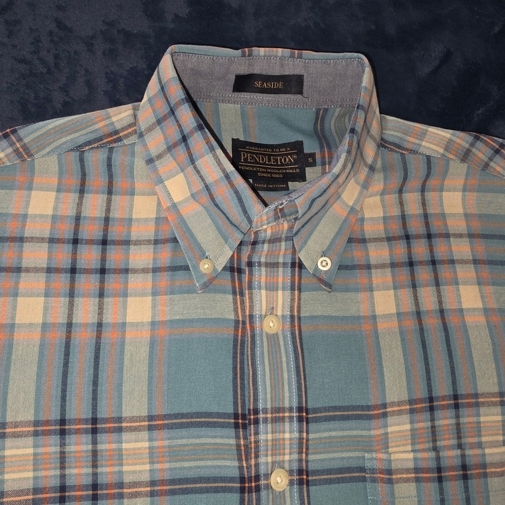Pendleton Seaside Mens Small Blue Orange Plaid Short Sleeve Button Down Shirt